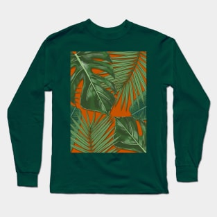 Monstera, Spider Palm, Tropical Leaves Print on Rust Burnt Orange Long Sleeve T-Shirt